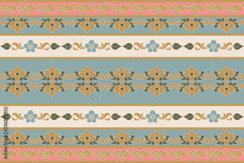 Traditional Thai ornamental border pattern with floral motifs, geometric decorations, and elegant horizontal bands in pastel blue, pink, and gold tones. Luxury textile design.