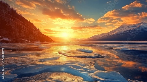 Golden sunset illuminates a frozen ice field with snow-capped mountains and clouds reflecting on the water