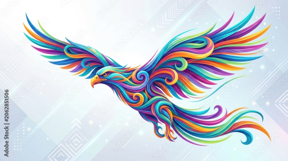 Obraz premium Vibrant colorful eagle with swirling feathers in flight on a light blue background