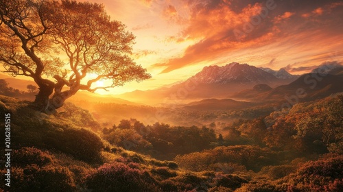 Golden sunset illuminates a solitary tree on a hill overlooking a misty mountain valley