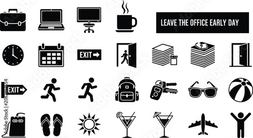 Tableau sur toile Business office icons collection featuring time management and early departure c
