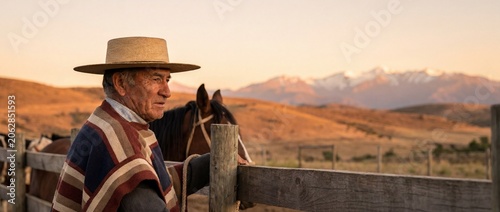 Chilean huaso rancher wearing traditional poncho and chupalla hat, standing by a wooden fence, horses and andes mountains at sunset