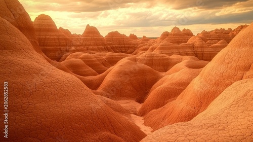 Landscape of badlands with hoodoos and eroded rock formations under a cloudy sky