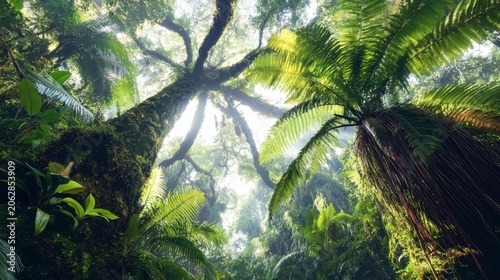 Looking up through a lush, ancient rainforest canopy with sunbeams filtering through the dense foliage