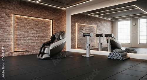 Modern Gym Interior with Massage Chair and Weight Equipment.