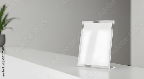 Modern white table with an empty clear acrylic display stand, perfect for advertising or menu presentation in a minimalist setting.