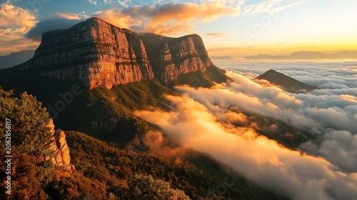 Majestic mountain peak emerges from a sea of clouds at sunrise with golden light illuminating the landscape