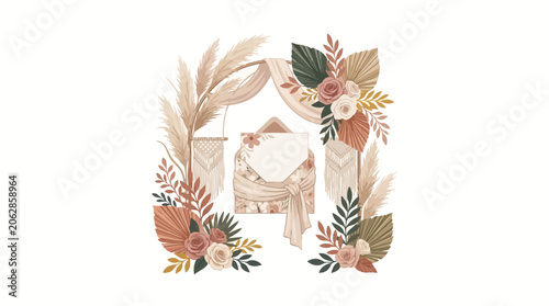 Boho wedding invitation envelope with dried floral arrangement.
