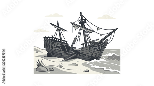 Dilapidated shipwreck resting on a sandy beach with gentle waves