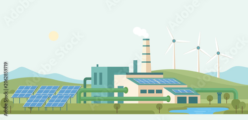 Renewable energy power plant with solar panels and wind turbines supporting clean electricity generation and sustainable industrial development