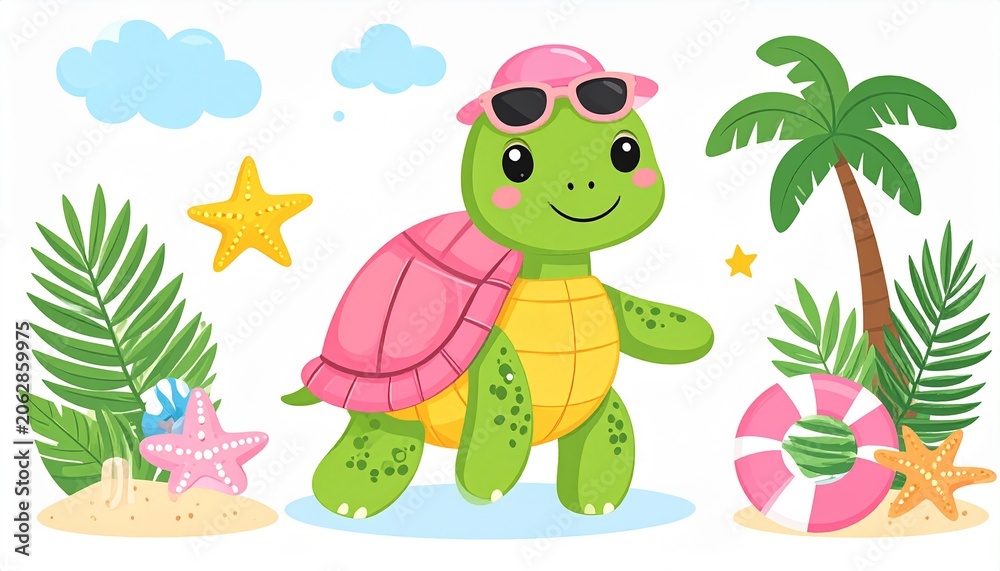 Obraz premium Cute Turtle on Vacation - Summer Beach Scene Illustration.