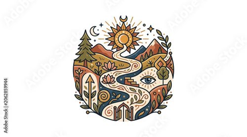 Foto Celestial landscape with path mountains and rising sun.