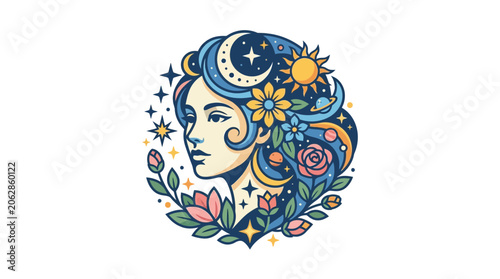 Celestial woman profile with sun moon and flowers