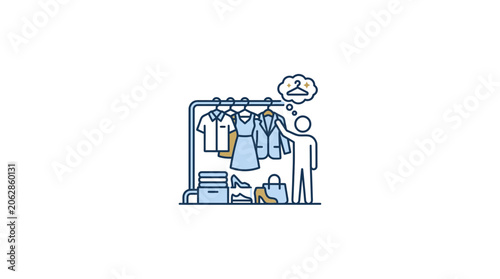 Character browsing clothes on a garment rack icon.