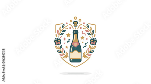 Champagne celebration crest with confetti and wreath.
