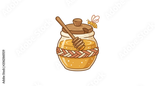 Ceramic honey jar with dipper and bee.