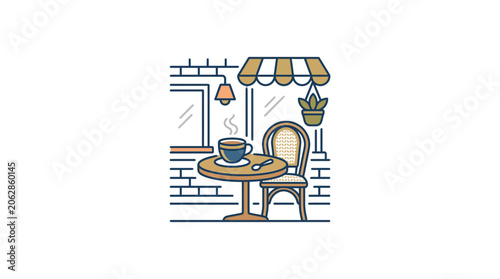 Charming outdoor sidewalk cafe scene with coffee table.