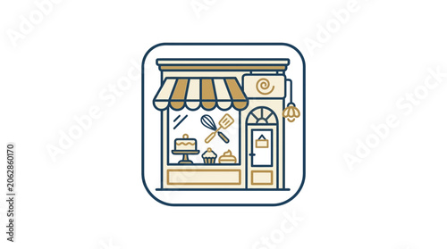 Charming bakery storefront with cakes and pastries illustration.