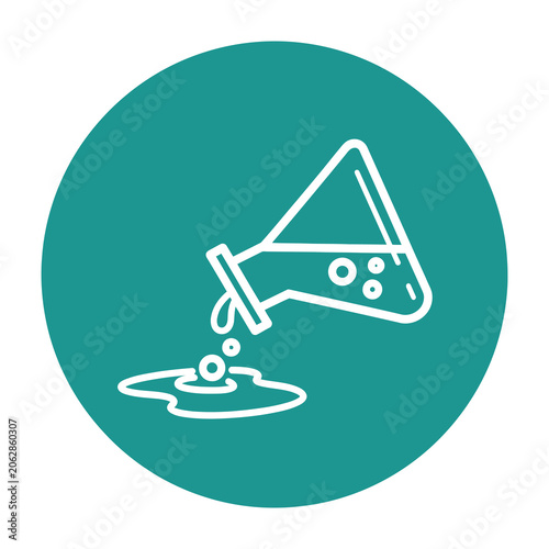 Teal icon of spilled beaker with liquid and bubbles on white background chemistry lab