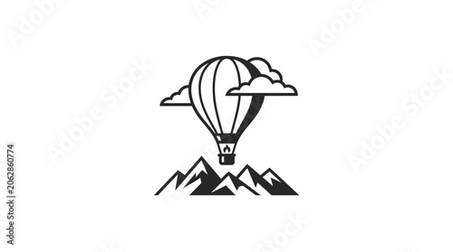 Hot air balloon soaring above mountain peaks and clouds line art
