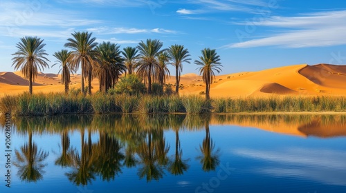 Palm trees and reeds surround a tranquil desert oasis reflecting in the calm blue water under a bright sky