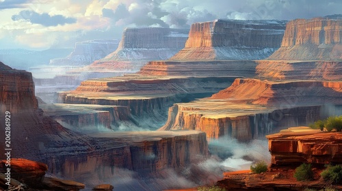 Panoramic view of a desert plateau with layered mesas and atmospheric haze at sunrise