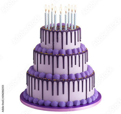 Three tiered light purple birthday cake with dark purple drip icing and ten lit candles isolated on a transparent background