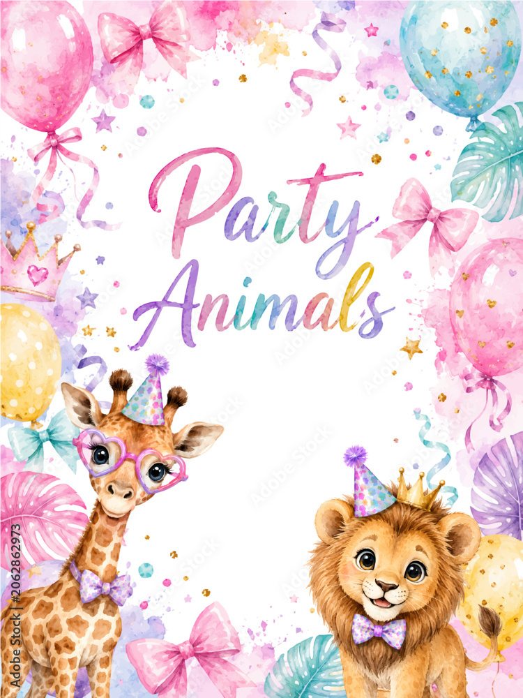 Naklejka premium Party animals birthday invitation template with cute giraffe and lion, pastel balloons, confetti and watercolor floral accents for kids events. Vector illustration.