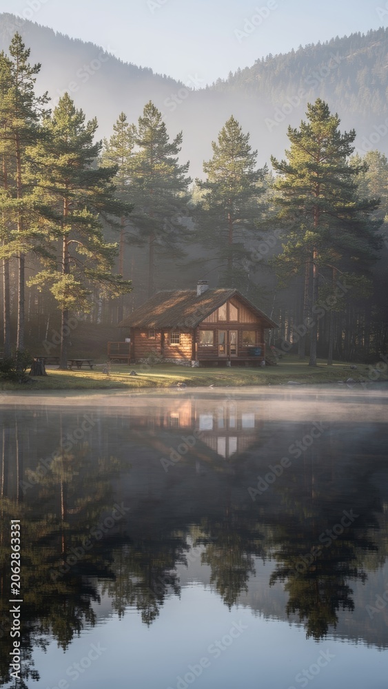 Obraz premium Misty forest scene reflection at sunrise, ethereal woodland landscape
