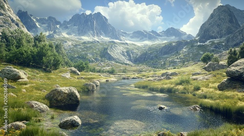 Serene alpine valley with a clear river flowing through green meadows and majestic granite cliffs under a cloudy sky