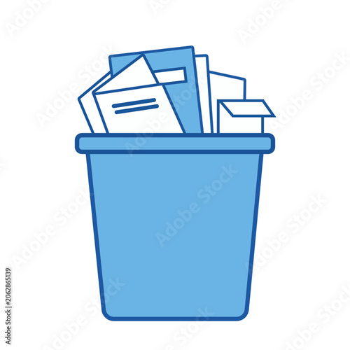 A blue paper trash can filled with papers.