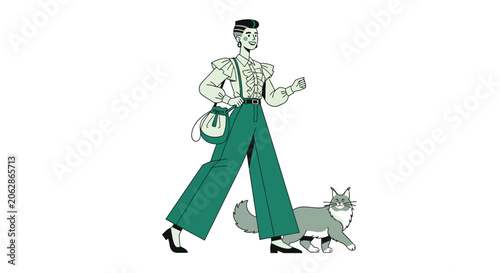 Woman walking her dog in stylish green outfit.