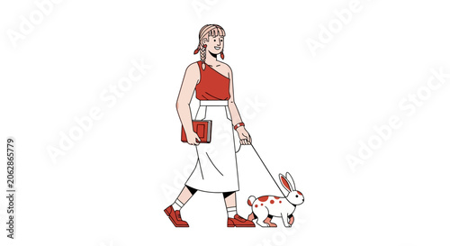 Woman in red apron walking a spotted dog on leash.
