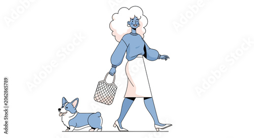 Woman walking her corgi dog with shopping bag.