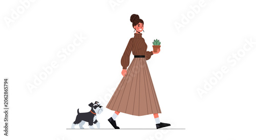 Woman walking her small dog while holding a coffee cup.