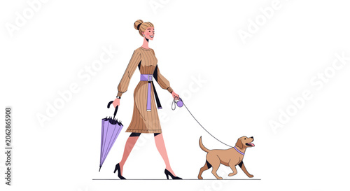 Elegant woman walking her dog with umbrella and shopping bags.