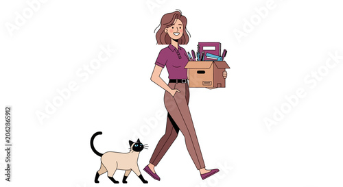 Woman carrying box with cat walking beside her.