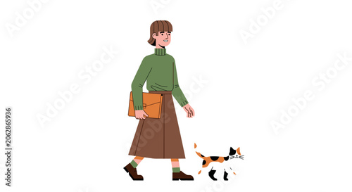 Woman walking her small dog on a leash outdoors.