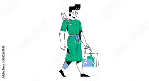 Illustration of a person in green apron carrying shopping bags.