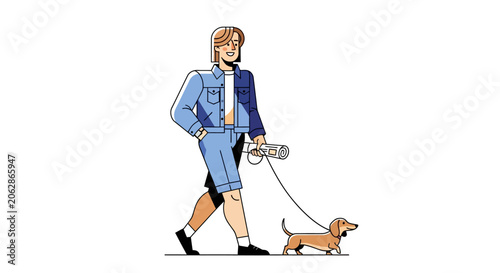 Woman walking her dachshund dog on a leash.