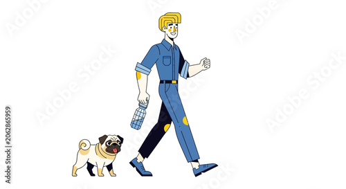 Man walking a pug dog on a leash outdoors.