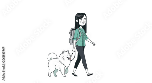Woman walking her small white dog on a leash.