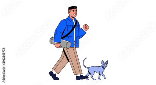 Man walking a sphynx cat on a leash outdoors.
