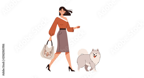 Elegant woman walking her fluffy white dog outdoors.