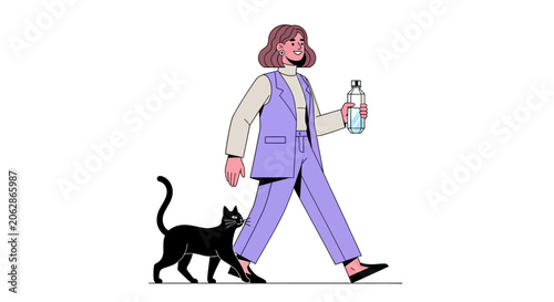 Woman walking with black cat and water bottle.