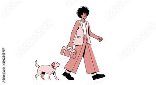 Woman in pink coat walking a small dog.