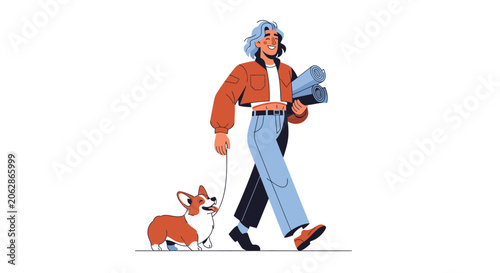Woman walking her corgi dog on a leash.