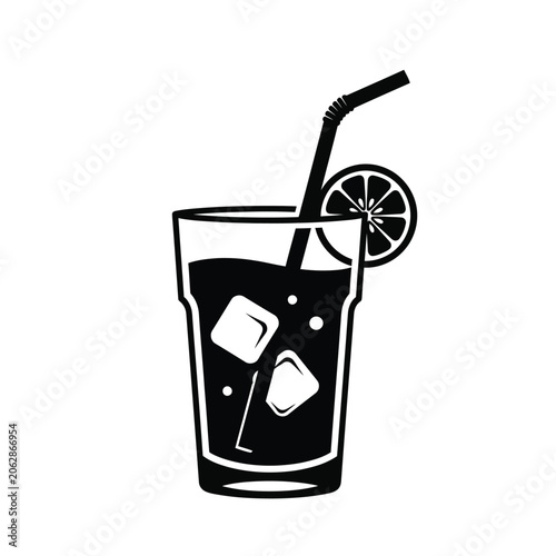 Photography Black cocktail with lemon and ice.