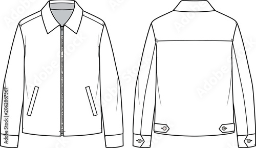 Fotografie Technical sketch of a classic harrington jacket with front zipper, collar, side