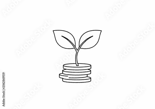 Line art drawing of a plant growing from a stack of coins symbolizing financial growth and investment.